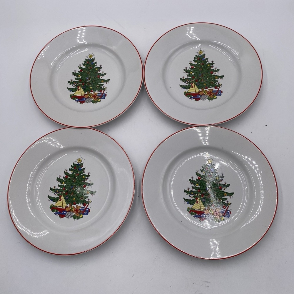 Cuthbertson American Christmas Tree Porcelain Salad Plates 8" Lot of 4 Red Trim